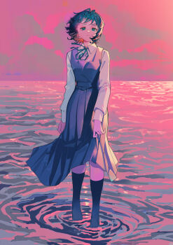 Rule 34 | 1girl, absurdres, black socks, blue ribbon, cloud, collared shirt, dress, eri (sayonara eri), full body, gaanc 23 (tomosuge), highres, long sleeves, looking at viewer, neck ribbon, ocean, outdoors, pinafore dress, pink sky, pleated dress, ribbon, sayonara eri, shirt, short hair, skirt hold, sky, sleeveless, sleeveless dress, socks, solo, standing, wading, water, white shirt, wind