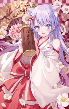 1girl animal_ear_fluff animal_ears blush bow braid cat_ears cat_girl commentary_request cowboy_shot detached_sleeves earrings flower hair_ornament hand_fan hands_up highres holding holding_omikuji japanese_clothes jewelry kimono long_hair long_sleeves looking_at_viewer manmaru_(vtuber) mole mole_under_eye nontraditional_miko omikuji pleated_skirt purple_eyes purple_hair red_skirt red_trim skirt smile solo virtual_youtuber white_flower white_kimono wide_sleeves