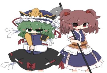 2girls blue_dress blue_hat blue_vest blush_stickers bow commentary_request cowboy_shot dress epaulettes frilled_hat frills green_eyes green_hair hand_on_own_hip hat holding holding_scythe kuuinusuki looking_at_viewer medium_hair multiple_girls onozuka_komachi puffy_short_sleeves puffy_sleeves red_eyes red_hair red_ribbon ribbon rod_of_remorse sash scythe shiki_eiki shirt short_sleeves skirt skirt_bow smile touhou twintails vest white_background white_ribbon white_shirt