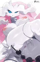 1girl :3 absurdres anal_beads anal_fluid animal_hands animated anus artist_name black_panties black_sclera blue_eyes blush body_fur breasts breasts_apart claws colored_sclera credits dildo fang female_focus female_masturbation fingering furry furry_female gen_5_pokemon highres holding holding_sex_toy jewelry large_breasts leg_up legendary_pokemon live2d long_hair looking_down lying masturbation mature_female moaning neck_ring nintendo nipples nude on_back panties panty_pull parted_lips patreon_logo patreon_username personification pillow pink_background pokemon pokemon_(creature) pussy pussy_juice rabbitadvisory raised_eyebrows reshiram ringed_eyes sex_toy shiny_skin solo sound spread_fingers string_panties tail tail_ornament tail_ring tears thick_thighs thighs twitter_username twitter_x_logo uncensored underwear uneven_eyes vaginal video watermark white_fur white_hair