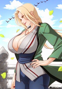 absurdres blonde_hair breasts commentary_request crystal_necklace facial_mark forehead_mark grandma green_haori grey_kimono haori highres huge_breasts japanese_clothes kimono mature_female naruto_(series) old old_woman saburo_des tsunade_(naruto)