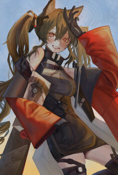 Rule 34 | 1girl, absurdres, angelina (arknights), animal ear fluff, animal ears, aon (aon0 01234), arknights, arknights: endfield, bare shoulders, black gloves, black thighhighs, blush, breasts, brown hair, coat, commentary request, diamond-shaped pupils, diamond (shape), dress, dutch angle, fox ears, fox girl, gilberta (arknights), gloves, grey dress, grin, hand on own head, headpiece, highres, impossible clothes, impossible dress, long hair, looking at viewer, medium breasts, off shoulder, open clothes, open coat, red coat, red eyes, short dress, skindentation, sleeveless, sleeveless dress, smile, solo, symbol-shaped pupils, thighhighs, twintails, wide sleeves, zettai ryouiki