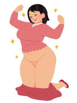 1girl belly breasts brown_hair highres irasutoya large_breasts mature_female medium_hair mifune_takashi_(style) navel noill parody plump pussy simple_background style_parody undressing white_background