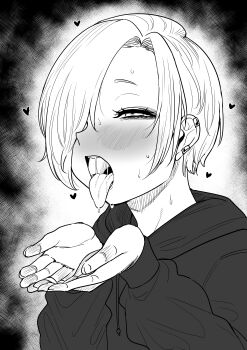 1girl absurdres blush commentary_request cupping_hands drooling ear_piercing eyeliner greyscale hair_over_one_eye half-closed_eyes heart highres hood hoodie idolmaster idolmaster_cinderella_girls kaiman_garupan makeup monochrome oral_invitation own_hands_together piercing saliva shirasaka_koume short_hair solo sweat tongue tongue_out upper_body