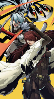 android gauss_&lt;bokashi hair_over_one_eye highres joints kirijou_mitsuru labrys_(persona) long_hair open_mouth persona persona_3 persona_4 persona_4:_the_ultimate_in_mayonaka_arena persona_4:_the_ultimax_ultra_suplex_hold ponytail red_eyes red_hair robot_joints school_uniform skirt very_long_hair weapon