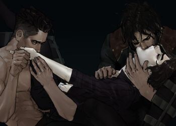 3boys abs arcane:_league_of_legends arcane_jayce arcane_survivor_jayce black_background black_shirt brown_hair closed_eyes collared_shirt commentary dual_persona english_commentary fingernails hand_on_another's_neck head_back highres holding_hands jayce_(league_of_legends) kiss league_of_legends long_hair looking_to_the_side male_focus multiple_boys pectorals shirt short_hair sunrabbiart thick_eyebrows topless_male upper_body viktor_(league_of_legends) yaoi