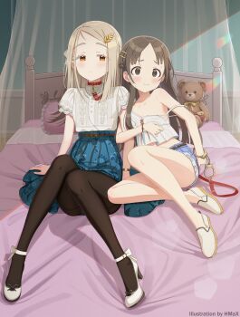 2girls @_@ absurdres animal_collar arm_hug artist_name bed bed_sheet belt black_belt black_pantyhose blonde_hair blouse blue_shorts blue_skirt blunt_ends blush braid breasts brown_hair camisole cleavage closed_mouth collar colored_eyelashes commentary_request cosplay costume_switch crown_braid cuffs denim denim_shorts earrings flipped_hair full_body gakuen_idolmaster gradient_hair grey_hair hair_ornament hairclip handcuffs high-waist_skirt high_heels highres hmax idolmaster indoors jewelry kuramoto_china kuramoto_china_(cosplay) laurels leaf_hair_ornament leash long_hair looking_at_viewer midriff multicolored_hair multiple_girls on_bed orange_eyes panties panties_under_pantyhose pantyhose parallel_hairclips parted_bangs rope_belt shinosawa_hiro shinosawa_hiro_(cosplay) shirt shoes short_shorts short_sleeves shorts single_handcuff sitting skirt small_breasts smile strap_slip stud_earrings stuffed_animal stuffed_toy sweat teddy_bear underwear watch watermark white_camisole white_shirt white_shoes wristwatch