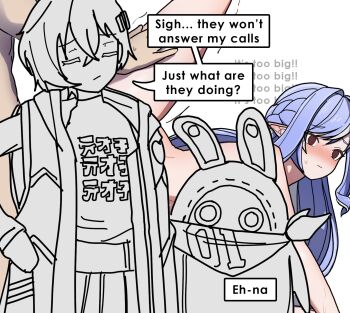 belle_(zenless_zone_zero) blue_hair blush censored convenient_censoring dorahdew eous_(zenless_zone_zero) highres leg_up nude pointy_ears robot speech_bubble spread_legs thought_bubble uncomfortable vivian_banshee white_background wise_(zenless_zone_zero) zenless_zone_zero