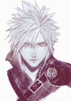 1boy belt_buckle buckle chest_belt closed_mouth cloud_strife commentary fenrir_(final_fantasy) final_fantasy final_fantasy_vii final_fantasy_vii_advent_children hair_between_eyes highres looking_at_viewer male_focus monochrome popped_collar portrait shinogu_r short_hair single_shoulder_pad solo spiked_hair straight-on upper_body white_background zipper