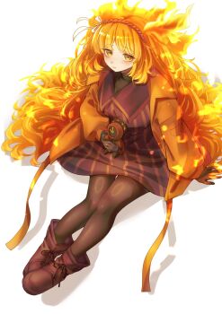 1girl 1other bangohan_tsubuyakitarou boots brown_boots brown_dress brown_hairband brown_pantyhose character_doll closed_mouth commentary_request doll dress fiery_hair hairband highres ishmael_(project_moon) jacket limbus_company long_hair looking_at_viewer orange_eyes orange_hair orange_jacket pantyhose project_moon rope solo very_long_hair