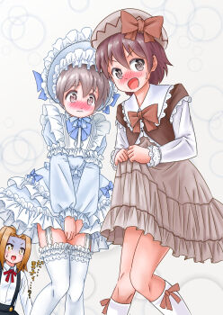 Rule 34 | 1girl, 2boys, 3:, :o, @ @, beret, blonde hair, blue bow, blue bowtie, blush, bonnet, bow, bow legwear, bowtie, brown dress, commentary, covering privates, covering crotch, crossdressing, dress, embarrassed, frilled headwear, frilled shirt collar, frills, garter straps, hair between eyes, hat, hat bow, highres, long sleeves, male focus, mtak46597821, multiple boys, nose blush, onii-chan wa oshimai!, open mouth, red bow, red bowtie, sakurada yuuta, senkawa minato, shiina minori, simple background, skirt hold, socks, sweatdrop, thighhighs, translated, trap, turn pale, v-shaped eyebrows, white background, white dress, white garter straps, white socks, white thighhighs