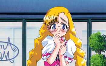 1girl 2000 animated animated_gif anna_miller blonde_hair blue_eyes blush braid choker closed_mouth crying crying_with_eyes_open game_cg glasses karin_(viper) own_hands_clasped own_hands_together pc-98_(style) pink_choker retro_artstyle ribbon_choker round_eyewear solo sweatdrop tears teeth turning_head twin_braids twintails viper_(series) viper_gtb waitress