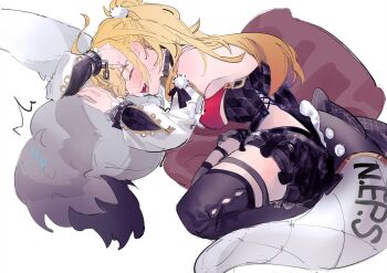Rule 34 | 1boy, 1girl, ^^^, bare shoulders, black skirt, black thighhighs, blonde hair, blush, breasts, cat tail, cissia (zenless zone zero), closed eyes, collar, commentary, detached sleeves, drooling, english commentary, fangs, from side, highres, holding another's tail, long hair, medium breasts, metal wrist cuffs, open mouth, out of frame, potatoblins, severian lowell, simple background, skirt, snake tail, sweat, tail, thighhighs, white background, zenless zone zero