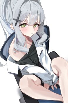 1girl absurdres black_hoodie black_scarf black_shirt blue_archive blush chair closed_mouth commentary_request cross_hair_ornament feet_out_of_frame green_eyes grey_hair hair_intakes hair_ornament hand_between_thighs hare_(blue_archive) highres hood hoodie jacket long_hair long_sleeves looking_at_viewer off_shoulder office_chair open_clothes open_jacket ponytail scarf shiroyo_(shiromeahi) shirt sidelocks simple_background single_bare_shoulder sitting solo swivel_chair thighs white_background