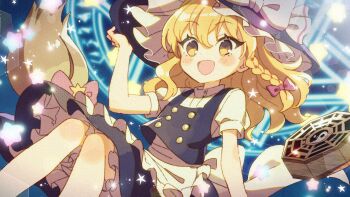 Rule 34 | 1girl, :d, apron, black hat, black skirt, black vest, blonde hair, blue background, blush, bow, braid, broom, broom riding, commentary request, dot nose, feet out of frame, frilled apron, frilled hat, frilled skirt, frills, hair bow, hand on headwear, hat, kirisame marisa, long hair, looking at viewer, mini-hakkero, open mouth, red bow, shirt, short sleeves, shuu (syuuuuuuuuuu), single braid, skirt, skirt set, smile, solo, touhou, vest, waist apron, white apron, white shirt, witch hat, yellow eyes