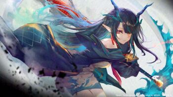 1girl arknights artist_name bare_shoulders black_hair black_jacket breasts clothing_cutout commentary cowboy_shot dqn_(dqnww) dragon_girl dragon_horns dragon_tail dress dusk_(arknights) earrings gradient_background grey_background hair_over_one_eye holding holding_sword holding_weapon horns jacket jewelry long_hair looking_at_viewer medium_breasts multicolored_hair parted_lips pointy_ears red_eyes serious shoulder_cutout solo streaked_hair sword tail tassel tassel_earrings twitter_username weapon white_dress