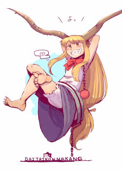 Rule 34 | 1girl, arms behind head, arms up, blonde hair, bloomers, blush, bow, bowtie, chain, commentary request, crossed legs, cuffs, daitai konna kanji, floating, floating hair, full body, grin, horns, ibuki suika, long hair, long sidelocks, looking at viewer, low-tied long hair, red bow, red bowtie, shackles, sharp teeth, shirt, sidelocks, simple background, skirt, sleeveless, sleeveless shirt, smile, solo, teeth, touhou, translation request, underwear, v-shaped eyebrows, very long hair, white background, white bloomers, yellow eyes