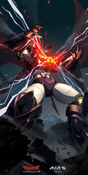 bird copyright_name crossover glowing highres iron_saga logo mazinger_(series) mazinkaiser mazinkaiser_(robot) mecha mountain night no_humans official_art outdoors robot science_fiction second-party_source wings