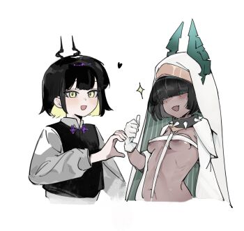 1boy 1girl 8_ni :d areola_slip artist_self-insert bbocsean black_collar black_hair collar gloves hair_over_eyes half-heart_hands heart_hands_failure highres horns looking_at_viewer open_mouth original smile spiked_collar spikes thumbs_up upper_body white_background white_gloves