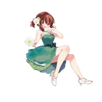Rule 34 | 1girl, :d, black bow, bow, brown eyes, brown hair, dress, flower, full body, green dress, hair flower, hair ornament, hair up, hand on own chest, hara yui, high heels, highres, holding, holding flower, inokuma youko, jumping, kin-iro mosaic, official alternate costume, official alternate hairstyle, official art, open mouth, shoes, short hair, simple background, sleeveless, sleeveless dress, smile, solo, transparent background, white flower, white shoes
