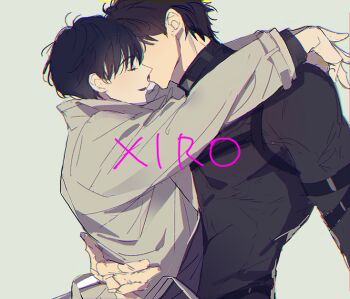 2boys abs arm_around_neck belt black_hair black_shirt closed_eyes coat commentary grin hand_on_another&#039;s_back high_collar hug kim_dokja male_focus multiple_boys muscular muscular_male omniscient_reader&#039;s_viewpoint parted_lips popped_collar shirt short_hair smile symbol-only_commentary white_coat xiro yaoi yoo_joonghyuk