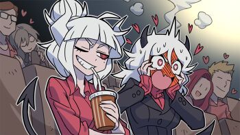 2boys 4girls black_horns black_tail blonde_hair blush brown_hair cup demon_girl demon_horns demon_tail disposable_cup drinking_straw drinking_straw_in_mouth embarrassed glasses grin heart helltaker holding holding_cup horns kyo-hei_(kyouhei) long_hair lucifer_(helltaker) modeus_(helltaker) mole mole_under_eye movie_theater multiple_boys multiple_girls one_eye_closed red_hair red_shirt red_sweater shirt short_hair smile sweater tail white_hair white_horns