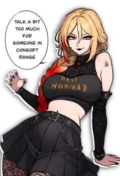 1girl absurdres arm_tattoo belt black_belt black_lips black_nails black_skirt black_sleeves blonde_hair breasts closed_mouth clothes_writing detached_sleeves elden_ring english_text hair_between_eyes highres long_braid long_hair midriff multicolored_hair navel pantyhose pleated_skirt queen_marika_the_eternal red_hair redpostit skirt solo speech_bubble streaked_hair tattoo yellow_eyes