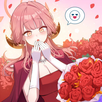 aru_(blue_archive) aru_(dress)_(blue_archive) blue_archive brown_horns coat coat_on_shoulders demon_horns diamond_necklace dress gloves halo highres horns official_alternate_costume okkimon orange_halo pink_hair pink_halo red_coat red_dress speech_bubble strapless strapless_dress wavy_ends white_gloves