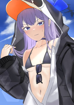 1girl absurdres animal_hood bare_shoulders bikini black_bikini black_jacket blue_bow blue_eyes blue_sky blush bow breasts choker fate/grand_order fate_(series) hashtag-only_commentary highres hood hood_up jacket long_hair long_sleeves looking_at_viewer meltryllis meltryllis_(fate) meltryllis_(swimsuit_lancer)_(fate) meltryllis_(swimsuit_lancer)_(first_ascension)_(fate) navel penguin_hood purple_hair sky small_breasts solo sunglasses swimsuit unworn_eyewear very_long_hair yugusan5
