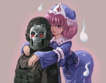 Rule 34 | 1boy, 1girl, blue hat, blue kimono, blush, brown background, bulletproof vest, call of duty, commentary, crossover, english commentary, ghost, ghost (modern warfare 2), hat, highres, japanese clothes, kimono, long sleeves, looking at another, mask, mob cap, one eye closed, pink hair, profitwalrus, red eyes, saigyouji yuyuko, short hair, simple background, skull mask, touhou, triangular headpiece