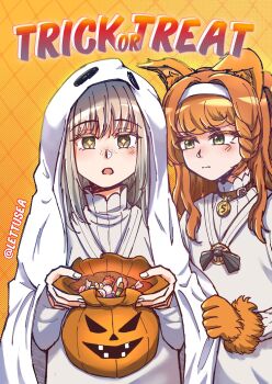 +_+ 2girls :o aged_down animal_ears black_bow black_bowtie bow bowtie brown_collar candy collar commentary dress english_commentary english_text food freckles ghost_costume gloves green_eyes grey_eyes grey_hair hairband highres holding holding_pumpkin jack-o'-lantern kemonomimi_mode lettuce_(lettusea) looking_at_another medium_hair multiple_girls orange_background orange_gloves pumpkin reverse:1999 sonetto_(reverse:1999) trick_or_treat twitter_username upper_body vertin_(reverse:1999) white_dress white_hairband