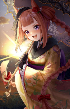 1girl animal_ears black_gloves blush bow braid brown_hair commentary_request ear_flower flower fur_trim gloves hair_bow hair_flower hair_ornament highres holding holding_umbrella horse_ears horse_girl japanese_clothes kimono long_hair long_sleeves looking_at_viewer new_year open_mouth purple_eyes red_bow sash smile solo sunrise sweep_tosho_(umamusume) twin_braids umamusume umbrella yellow_kimono yume_30_31
