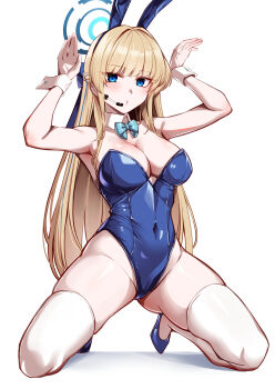 1girl absurdres animal_ears bare_shoulders blonde_hair blue_archive blue_eyes blue_leotard blush bow bowtie braid breasts cleavage commentary_request covered_navel detached_collar fake_animal_ears halo high_heels highleg highleg_leotard highres kneeling leotard long_hair looking_at_viewer medium_breasts playboy_bunny rabbit_ears solo thighhighs toki_(blue_archive) toki_(bunny)_(blue_archive) white_thighhighs wrist_cuffs yoshimoto_(carpsukidayo)
