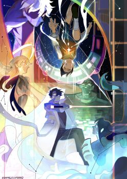 Rule 34 | 2girls, 4boys, armor, bandage on face, bandages, black hair, black shirt, black shorts, cloak, closed eyes, coat, collared shirt, commentary, constellation, dress, english commentary, falling, grassjellyg00d, halo, highres, holding, holding sword, holding weapon, hood, hood up, hooded cloak, kim dokja, kim namwoon, knee up, lee hyunsung, lee jihye, multiple boys, multiple girls, oldest dream, omniscient reader's viewpoint, outstretched arms, popped collar, railroad tracks, saturated, scar, scar across eye, scar on face, secretive plotter, shirt, short hair, shorts, shoulder armor, sky, space, star (sky), starry sky, sword, train, uriel (omniscient reader's viewpoint), vest, weapon, white coat, white hair, white shirt, white wings, wings, yellow vest, yoo joonghyuk