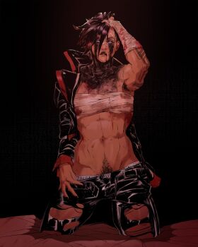 1girl abs absurdres arcane:_league_of_legends arcane_vi arm_tattoo armpit_hair armpits bandaged_arm bandaged_chest bandages biceps black_background black_eyeshadow black_hair black_jacket black_lips black_nails black_pants blood bloody_bandages blue_eyes caio_santos clothes_pull eyeshadow female_pubic_hair hand_in_own_hair highres jacket jacket_partially_removed kneeling league_of_legends looking_ahead looking_at_viewer makeup muscular muscular_female on_bed open_fly pants pants_pull pubic_hair runny_makeup short_hair simple_background solo tattoo torn_clothes torn_pants vi_(league_of_legends)