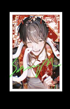 1boy ;d black_eyes black_hair commentary demon_horns envelope hair_between_eyes hand_up highres holding holding_envelope hongbao horns kim_dokja male_focus omniscient_reader&#039;s_viewpoint one_eye_closed open_mouth shirt short_hair smile snake snake_on_shoulder solo symbol-only_commentary toupou39 upper_body white_shirt white_snake