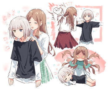 Rule 34 | 2girls, :3, bad id, bad twitter id, bang dream!, bang dream! it's mygo!!!!!, black shirt, blue eyes, brown hair, closed mouth, flower symbol, green shirt, green skirt, groping motion, hands on another's shoulders, heart out of chest, heterochromia, highres, hug invitation, kaname raana, layered sleeves, long sleeves, lying, medium hair, multiple girls, multiple views, nagasaki soyo, on side, open mouth, outstretched arms, parted bangs, red skirt, shirt, short over long sleeves, short sleeves, skirt, sleeping, smile, spread arms, squeans, white hair, white shirt, yellow eyes, yukitake (bullfalk)