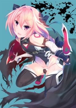 1boy astolfo_(fate) bandaged_arm bandages bare_shoulders black_panties black_thighhighs blush braid cosplay fang fate/apocrypha fate_(series) gloves hair_ribbon jack_the_ripper_(fate/apocrypha) jack_the_ripper_(fate/apocrypha)_(cosplay) long_hair looking_at_viewer lowleg lowleg_panties male_focus navel p_answer panties pink_hair ribbon single_braid smile solo thighhighs trap underwear weapon