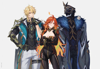 Rule 34 | 1girl, 2boys, ahoge, aiguillette, animal, animal on shoulder, aqua coat, armor, artist name, biker clothes, bikesuit, bird, bird on shoulder, black bodysuit, black coat, black gloves, black hair, black jacket, black pants, black shirt, blonde hair, blue eyes, bodysuit, breasts, capitano (genshin impact), cleavage, closed mouth, coat, collarbone, colored inner hair, commentary, cowboy shot, cropped jacket, crossed arms, earrings, english commentary, eyelashes, facial scar, fatui coat, fingerless gloves, fur-trimmed coat, fur trim, gauntlets, genshin impact, gloves, hair between eyes, hand on own chin, hand on own hip, helmet, highres, jacket, jewelry, kuri kuriku, lapels, large breasts, long hair, long sleeves, looking at another, looking at viewer, looking to the side, mavuika (genshin impact), medium hair, multicolored hair, multiple boys, open clothes, open coat, orange hair, pants, parted bangs, pauldrons, red eyes, red hair, scar, scar on arm, scar on cheek, scar on face, shirt, shoulder armor, simple background, single gauntlet, single pauldron, smile, smirk, standing, streaked hair, sun earrings, thigh strap, twitter username, v-shaped eyebrows, varka (genshin impact), very long hair, white background, white pants