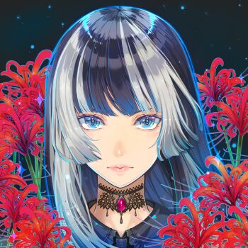 1girl absurdres black_background black_choker black_hair blue_eyes blue_outline blunt_bangs brooch choker commentary_request expressionless eyebrows_hidden_by_hair floating_hair flower grey_hair grey_streaks highres hime_cut hololive hololive_dev_is inukichi jewelry juufuutei_raden juufuutei_raden_(1st_costume) lace lace_choker lips long_hair looking_at_viewer multicolored_hair outline portrait red_flower sidelocks solo sparkle spider_lily straight-on straight_hair streaked_hair too_many_flowers two-tone_hair virtual_youtuber