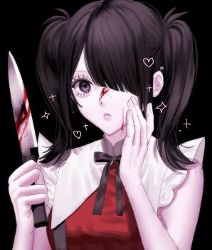 Rule 34 | 1girl, aegyo sal, ame-chan (needy girl overdose), black hair, blood, blood on face, blood splatter, bloody knife, diagonal bangs, hair over one eye, hand on own face, highres, holding, holding knife, knife, looking at viewer, mlepq, neck ribbon, needy girl overdose, pout, purple eyes, red shirt, ribbon, shirt, short twintails, solo, suspenders, twintails, upper body, winged sleeves