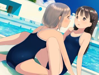 Rule 34 | 2girls, absurdres, between legs, blue one-piece swimsuit, blue sky, braid, brown hair, closed mouth, cloud, commentary request, cropped, day, dutch angle, eye contact, grey hair, highres, kokudou juunigou, light smile, long hair, looking at another, multiple girls, new school swimsuit, one-piece swimsuit, open mouth, outdoors, pool, poolside, school swimsuit, short hair, side braid, sidelocks, sitting, sky, swimsuit, voice drama available, wariza, yubinotacto, yuri