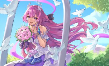 1girl absurdres bare_shoulders bird blue_sky bouquet breasts commentary_request cyrene_(honkai:_star_rail) cyrene_(ripples_of_past_reverie)_(honkai:_star_rail) dove dress flower highres holding holding_bouquet honkai:_star_rail honkai_(series) long_hair looking_at_viewer medium_breasts outdoors pink_hair purple_eyes sky smile solo tapume very_long_hair white_dress