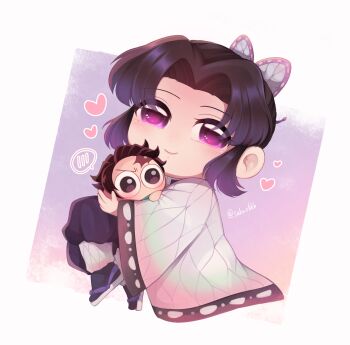 &gt;_&lt; 1boy 1girl :3 =_= alternate_universe belt black_hair blue_butterfly blush blush_stickers bug butterfly butterfly_hair_ornament checkered_clothes checkered_haori checkered_sash chibi chibi_inset chibi_only demon_slayer_uniform earrings gradient_hair hair_ornament hanafuda hanafuda_earrings haori highres insect japanese_clothes jewelry kamado_tanjirou kimetsu_no_yaiba kishimen_hair kochou_shinobu long_sleeves multicolored_hair ouchiwa-1 purple_butterfly scar scar_on_face scar_on_forehead shirt simple_background smile solid_oval_eyes updo white_background white_belt