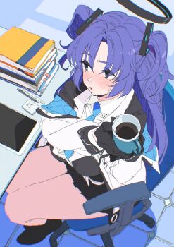 1girl absurdres averting_eyes bare_legs black_gloves black_shoes black_skirt blue_archive blue_eyes blue_necktie blush book book_stack chair coffee coffee_mug collared_shirt commentary_request cup desk from_above gloves halo highres holding holding_cup incoming_drink jacket jaggy_lines long_hair long_sleeves looking_to_the_side marugayotsu mechanical_halo mug necktie office_chair on_chair open_mouth pen purple_hair shirt shoes sitting skirt solo sweatdrop swivel_chair tablet_pc thighs tile_floor tiles two_side_up white_jacket white_shirt yuuka_(blue_archive)