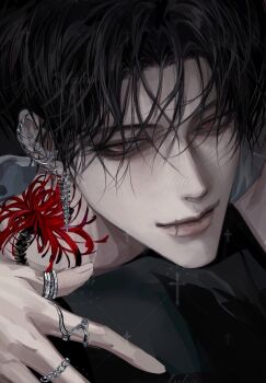 Rule 34 | 2boys, artist name, auauko123, black hair, black shirt, commentary, decorations, earrings, eyelashes, fingernails, flower tattoo, half-closed eyes, highres, jewelry, light smile, male focus, multiple boys, multiple earrings, multiple rings, original, portrait, red eyes, ring, scar on lip, shirt, short hair, solo focus, tattoo, untranslatable commentary, watermark, watermark grid, white shirt
