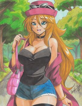 1girl absurdres blue_eyes bracelet brown_hair eyelashes eyewear_on_headwear hat highres jewelry long_hair looking_at_viewer nintendo open_mouth outdoors pink_bag pink_hat pokemon pokemon_xy ravernclouk_design red_hat serena_(pokemon) shirt shorts sleeveless sleeveless_shirt smile sunglasses thighhighs white-framed_eyewear zettai_ryouiki