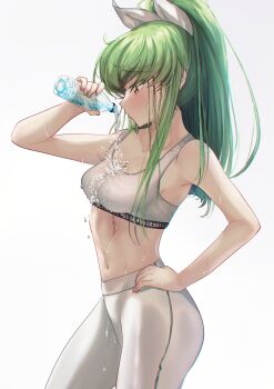 1girl absurdres bare_arms blush bottle bow breasts budgiepon c.c. cleavage closed_mouth code_geass collarbone commentary cowboy_shot english_commentary eyes_visible_through_hair from_side green_hair hair_between_eyes hair_bow hair_over_shoulder hand_on_own_hip hand_up highres holding holding_bottle hot lips long_hair looking_at_object lying medium_breasts navel nose on_stomach pants ponytail profile scar scar_on_stomach sidelocks simple_background solo spiked_hair sports_bra standing very_long_hair water water_drop water_stream wet wet_clothes white_background white_bow white_pants yellow_eyes