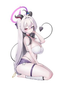 1girl absurdres bare_shoulders black_horns blue_eyes breasts choker cleavage closed_mouth colored_inner_hair commentary_request demon_tail full_body gradient_halo grey_hair hair_between_eyes halo hand_up heterochromia highres horns keibeam korean_commentary large_breasts long_hair looking_at_viewer multicolored_hair multicolored_halo original pink_halo purple_halo purple_shorts red_choker seiza shorts simple_background sitting solo spade_(shape) spiked_choker spikes tail very_long_hair white_background yellow_eyes