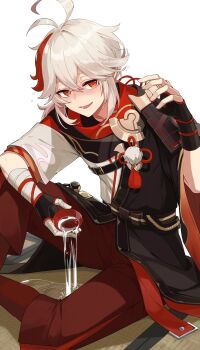 1boy alcohol antenna_hair armor asymmetrical_sleeves bandaged_arm bandaged_hand bandages belt belt_buckle black_belt black_gloves black_haori black_scarf blush bow brown_bow brown_sash brown_shorts buckle chest_belt commentary_request crossed_bangs cup drunk fingerless_gloves genshin_impact gloves hair_between_eyes hand_up haori highres holding holding_cup itsumono_katze japanese_armor japanese_clothes kaedehara_kazuha kimono knee_up long_sleeves looking_at_viewer low_ponytail male_focus medium_hair mismatched_sleeves multicolored_hair nose_blush open_mouth pantyhose pom_pom_(clothes) ponytail pouring red_eyes red_hair red_pantyhose red_scarf sakazuki sake sash scarf short_sleeves shorts shoulder_armor sidelocks simple_background single_sode sitting smile sode solo squeans streaked_hair tassel tatami white_background white_hair white_kimono wide_sleeves